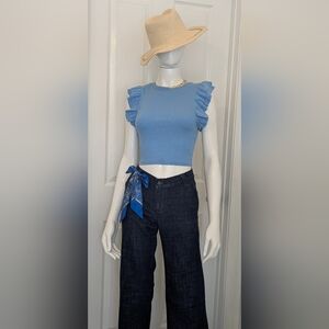 Zara Light Blue Ribbed Ruffle Sleeve Knit Crop Tee 95% Cotton M